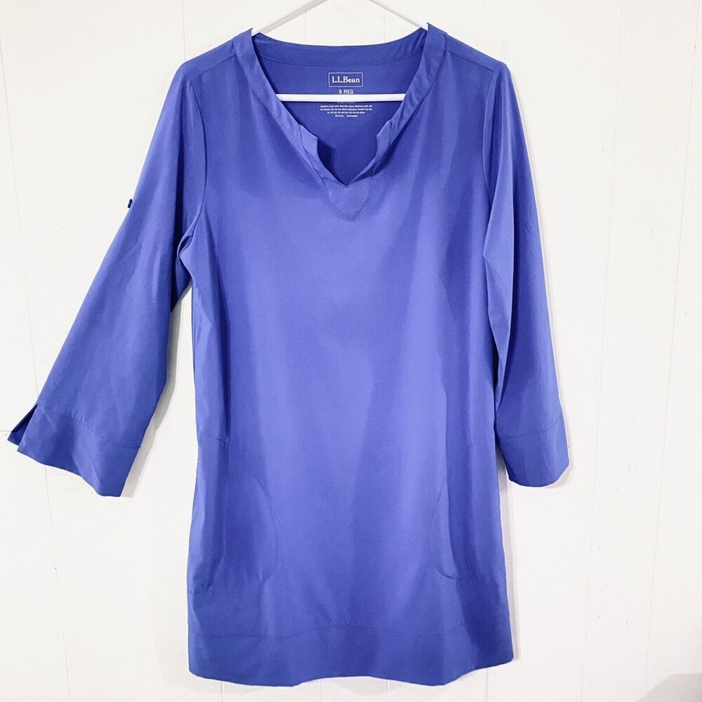 LL Bean STRETCH Poly S Reg Blue Shirt Dress MINI Roll-Tab Sleeves POCKETS